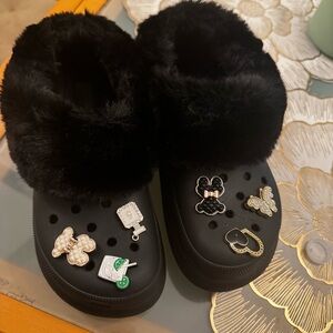 Black Furry Crocs Clog Shoes with Charms
